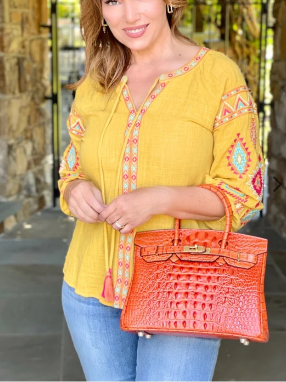 Lisa Robertson Orange Leather Croc-Embossed Top-Handle Satchel